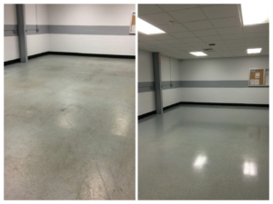 before and after A Klein Company grey vct tile floor refinish work in an empty room with concrete block walls -dirty scraped tile on left side - cleaned and shiny tile on right side - detroit - michigan