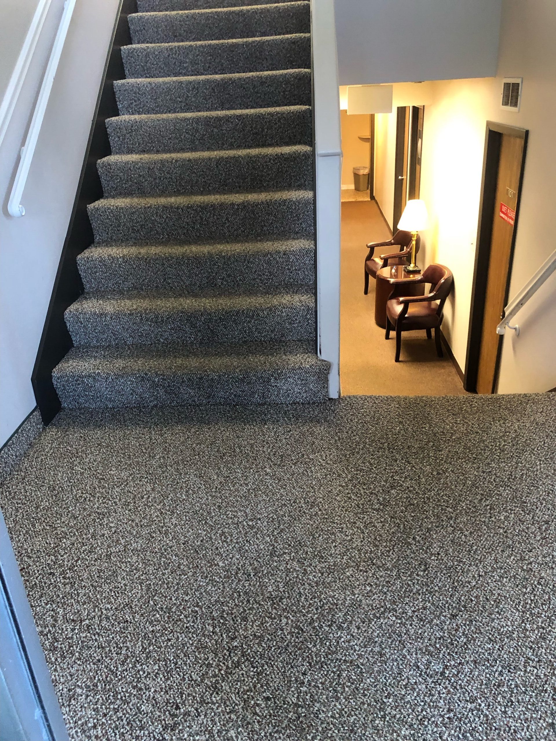 Stairs and carpet in a commercial building after they have been cleaned